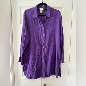 Soft Surroundings Vibrant Purple Linen-Cotton Blend Tunic Shirt Button Front